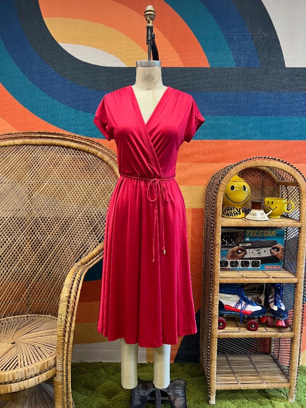 EUC Vintage 1970s JT Jody Maroon Stretch Jersey Faux Wrap Dress Medium